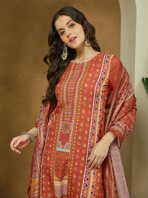 Janasya Women's Rust Cotton Blend Ethnic Motifs Printed Straight Kurta Set